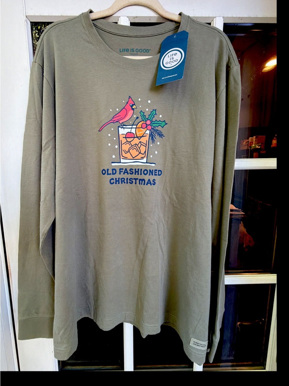 Life is Good Old Fashioned Christmas NEW Olive GREEN long Sleeve T Shirt Men XL